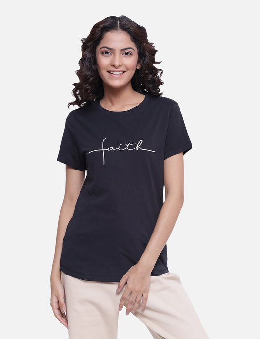 Buy T-shirts, Top, Casual women's black T-shirt with a catchy quote, offering a timeless and comfortable design, available online