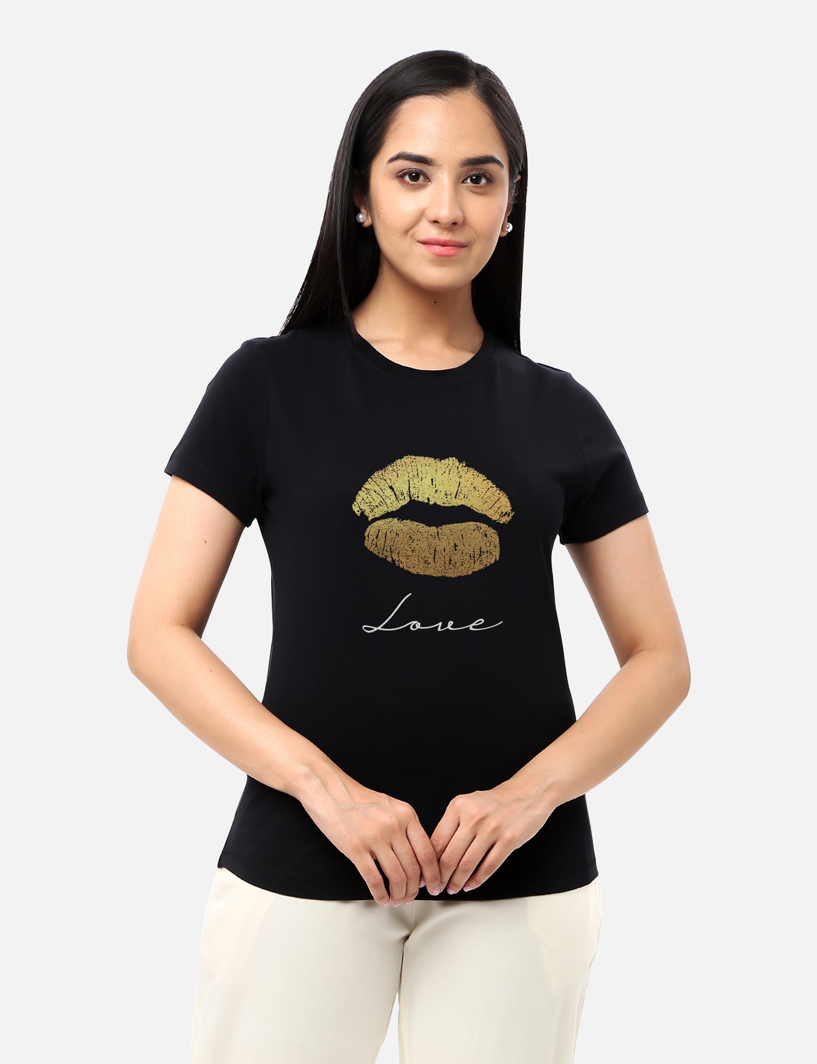 Casual womens aqua T-shirt adorned with a gold foil plash design, ideal for a fashionable and vibrant style, available online