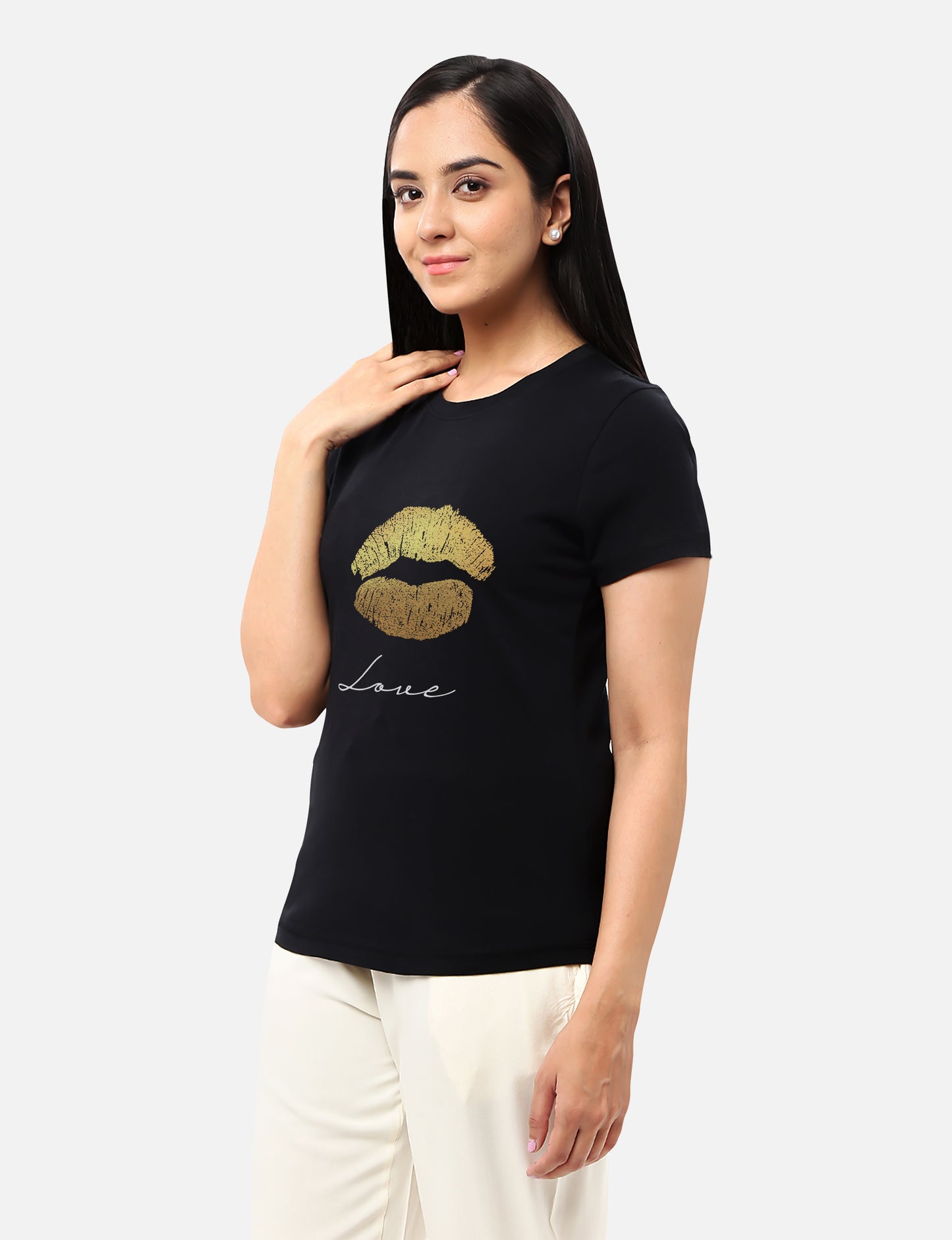 Casual womens aqua T-shirt adorned with a gold foil plash design, ideal for a fashionable and vibrant style, available online