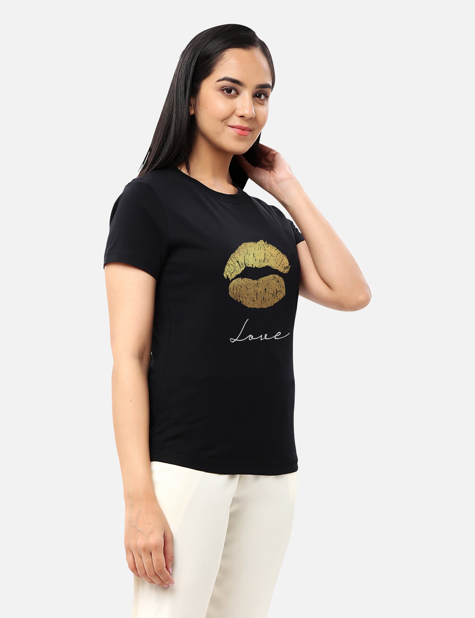 Casual womens aqua T-shirt adorned with a gold foil plash design, ideal for a fashionable and vibrant style, available online