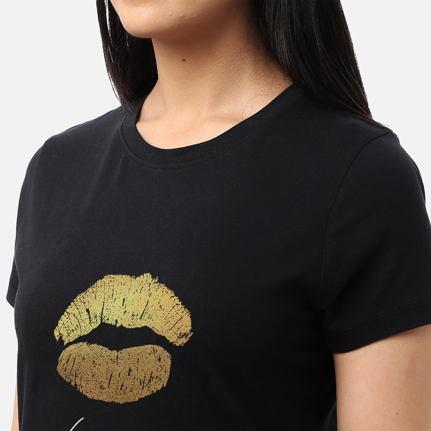 Casual womens aqua T-shirt adorned with a gold foil plash design, ideal for a fashionable and vibrant style, available online