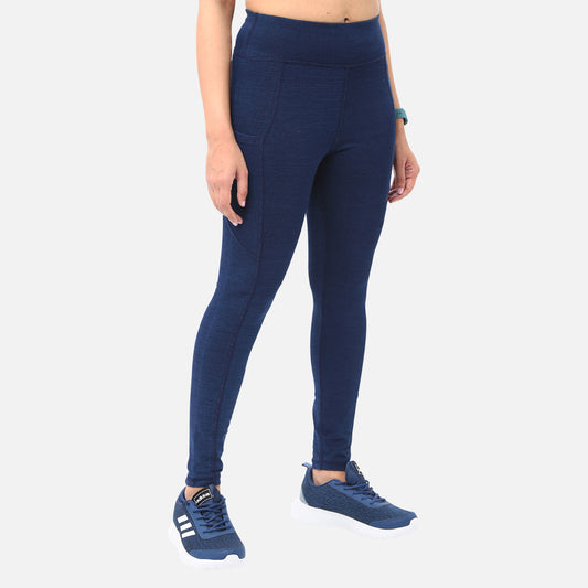 Womens knitted dark blue denim yoga jeggings with pockets, combining comfort with a chic and modern style, suitable for both exercise and casual wear, available online